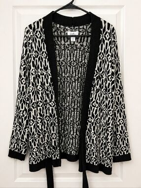 Croft & Barrow 2X Black White Geometric Cardigan Open Front Tie Waist NWOT